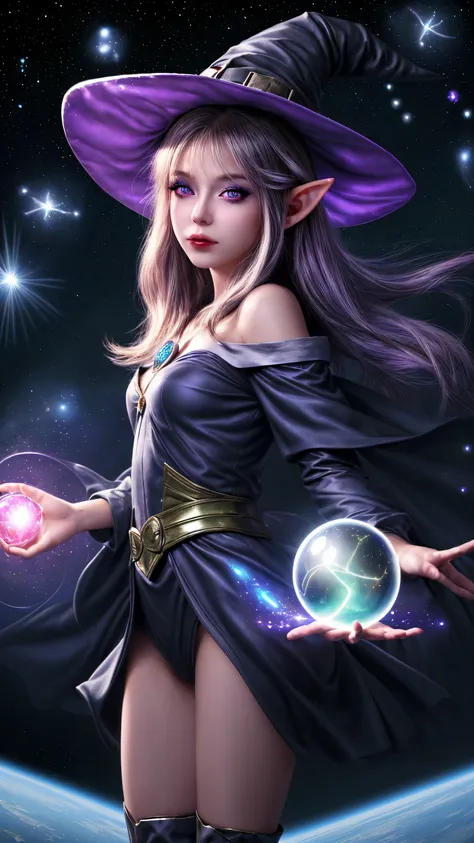 best quality, high resolution, 1 girl, elf, witch hat, floating in space, energy ball, light particles, shiny hair, bright starl...