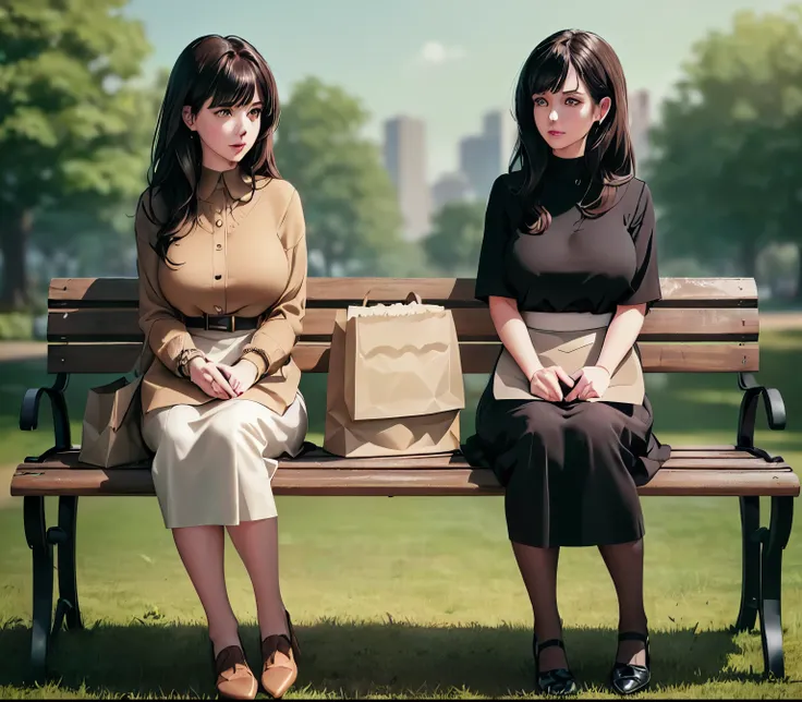 2lady, sit on it (bench end), (office staff outfit) fashionable, mature female, /(brown hair/) bangs, (looking at the phone), (m...