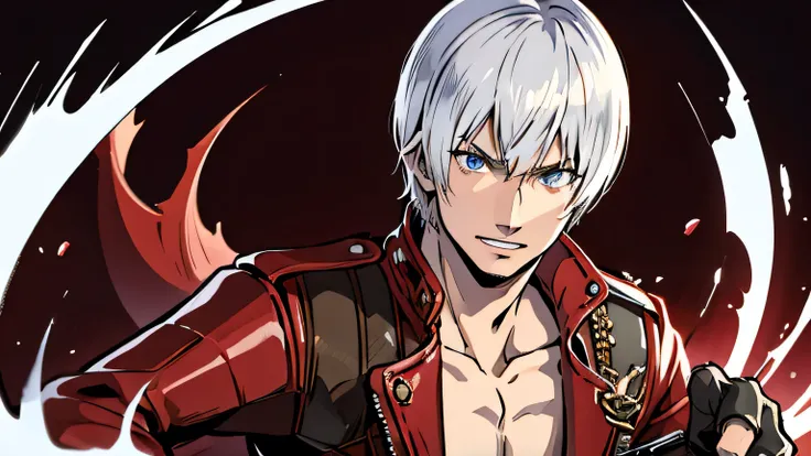 (masterpiece, best quality, 1 man), (Dante), japanese style background, black paint background, red splash background, fighting pose, (Dante),(Devil May Cry 3: Dantes Awakening), Dante, (Dante) ,short hair ,white hair ,open clothes ,coat ,fingerless gloves...