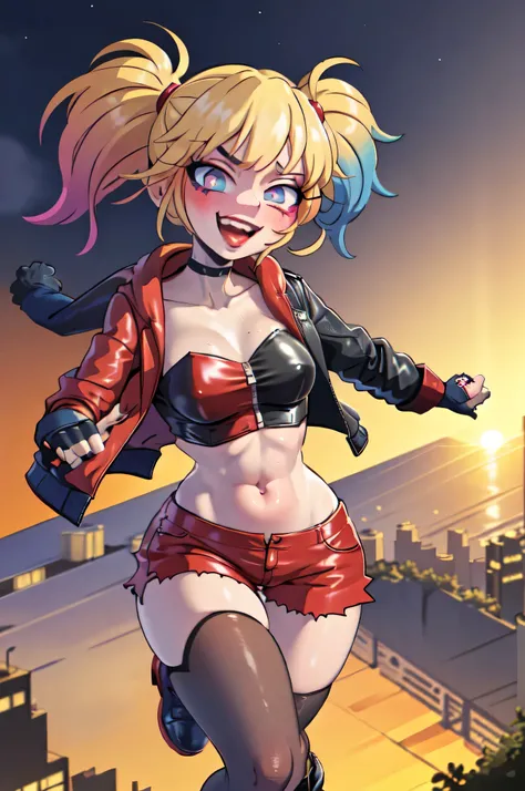(masterpiece, best quality:1.2), solo, 1girl, isekaiharley, smile, looking at viewer, running, twintails, v-shaped eyebrows, two-tone jacket, crop top, short shorts, torn pantyhose, fingerless gloves, choker, spiked bracelet, cityscape scenery, running, su...