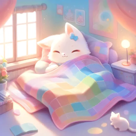 cutean illustration,cat kindergarten,cat parent and child:animal:cute:get close:sleep:comfortable and warm:looks happy,an illust...