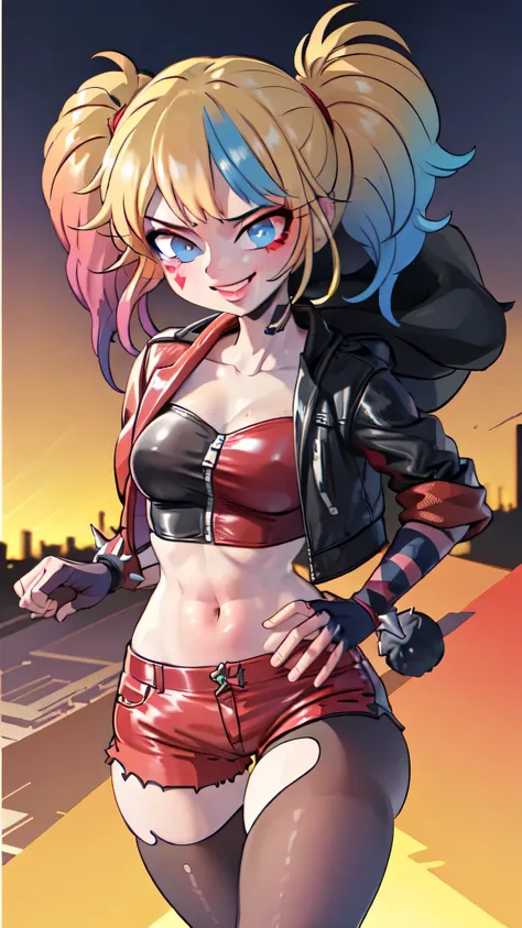 (masterpiece, best quality:1.2), solo, 1girl, isekaiharley, smile, looking at viewer, running, twintails, v-shaped eyebrows, two-tone jacket, crop top, short shorts, torn pantyhose, fingerless gloves, choker, spiked bracelet, cityscape scenery, running, su...
