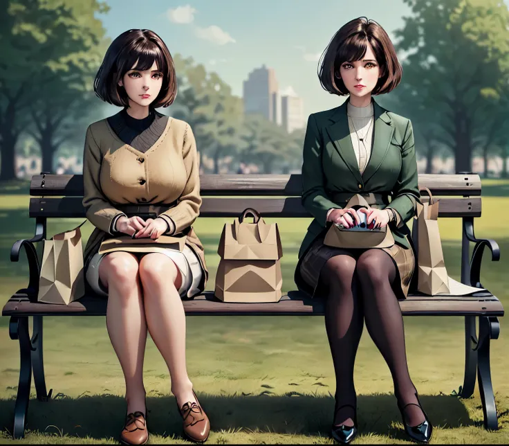 2lady, sit on it (bench end), (office staff outfit) fashionable, mature female, /(brown hair/) bangs, (looking at the phone), (m...