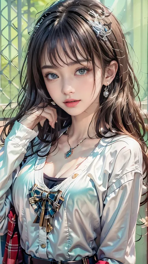 Realistic, High resolution, Soft Light,1 female, alone, jewelry, Current school classroom,Biggest eyes,Low chest, Long Hair、((color々colorのついた髪))(超Realistic)、(Consciousness upward)、(High resolution)、(8k)、(非常にGet used to it)、(Best illustrations)、(Beautiful a...