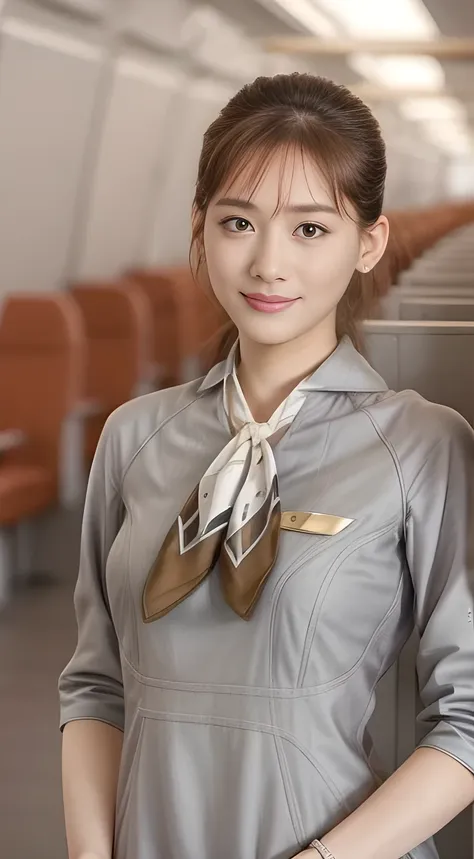 starlux airlines silver short sleeve uniform、earrings、captivating look、long hair updo、evening updo、young japanese woman