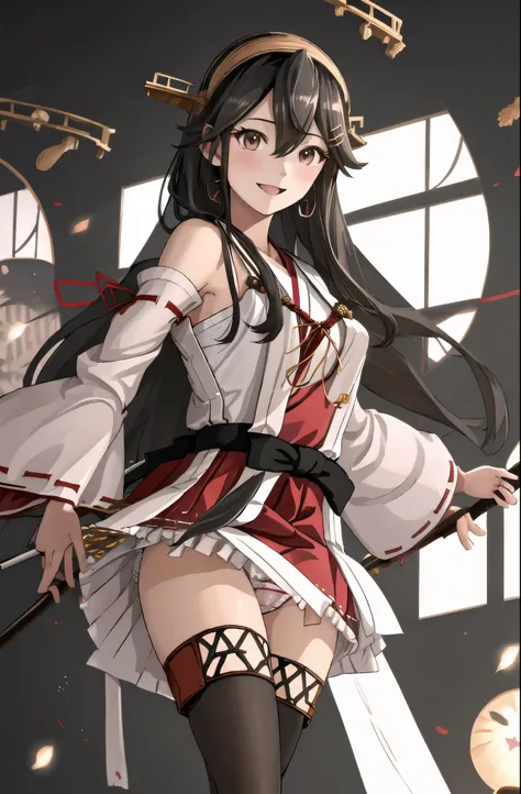 highest quality, masterpiece, High resolution, 一人in, {Aaron_Fleet Collection:1.15}, black_hair, length_hair, hair_ornament, hairband, Brown_eye, hairclip, red面, smile, headgear, chest, Non-traditional_Miko, hair_between_eye, One girl, independent_sleeve, J...