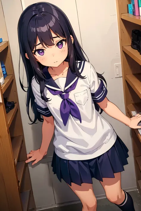 School changing room　Elementary school girl, 8 years old　Flat chest, black hair, long hair, purple eyes　White upper body, short-sleeved sailor uniform　Navy blue mini skirt and white panties （（I can see her panties）） White socks　sneakers　School changing roo...