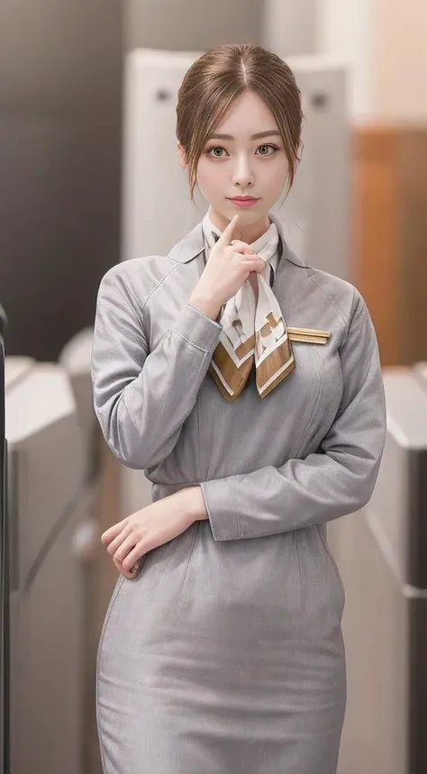 starlux airlines silver short sleeve uniform、earrings、captivating look、long hair updo、evening updo、young japanese woman