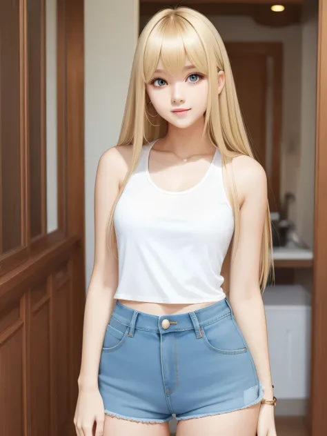 full body image, beautiful silky skin,long bangs,beautiful face,blonde straight super long,cute beautiful girl, denim tanktop and tiny hotpants