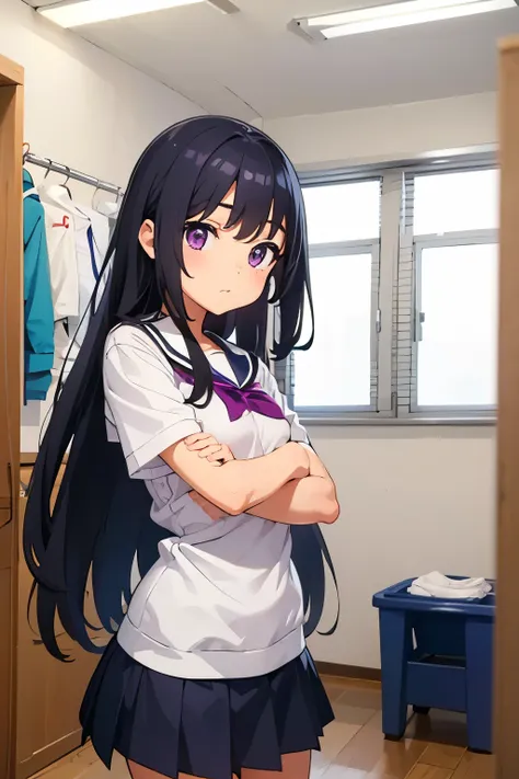 School changing room　Elementary school girl, 8 years old　Flat chest, black hair, long hair, purple eyes　White sports bra on upper body　Navy blue mini skirt and white panties （（I can see her panties）） White socks　sneakers　School changing roomロッカーの前　Are stan...