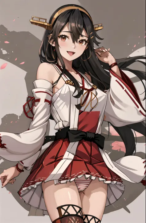 highest quality, masterpiece, High resolution, 一人in, {Aaron_Fleet Collection:1.15}, black_hair, length_hair, hair_ornament, hairband, Brown_eye, hairclip, red面, smile, headgear, chest, Non-traditional_Miko, hair_between_eye, One girl, independent_sleeve, J...