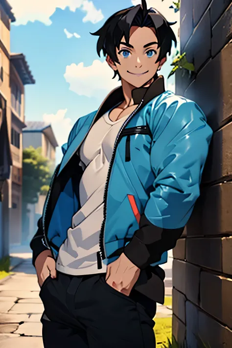 one male, young boy, blue eyes, black hair, no shirt, blue pants, smiling, lean build,
Open jacket,