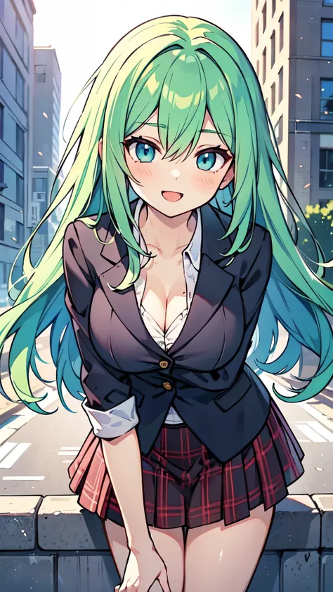 ((A Pretty girl with green hair and blue eyes)), ((wearing the black blazer and plaid skirt)), Baby face, ((top-quality, master piece, ultra-definition, high resolution)), anime girl, ((ultra-detailed illust:1.2)), only one person, bangs, hair between eye,...