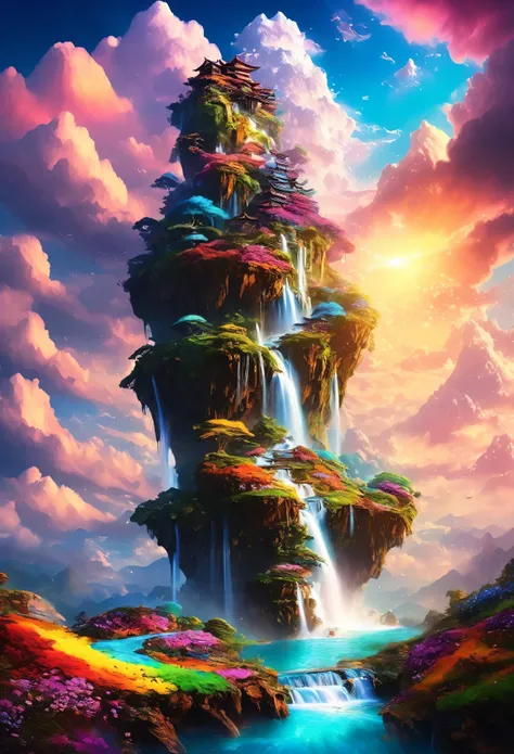 artwork, highest quality, better quality, flying island, waterfall cascading down from the island, fantasy world, magnificent pa...