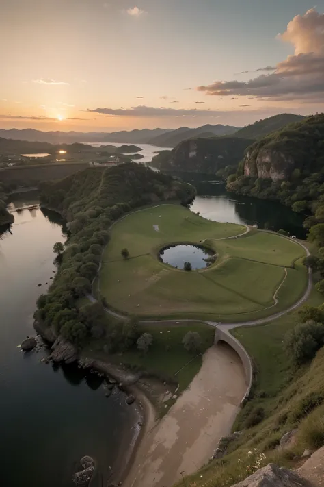 Crie uma paisagem natural vibrante com montanhas ao fundo e um lago cristalino em primeiro plano, illuminated by the sunset.