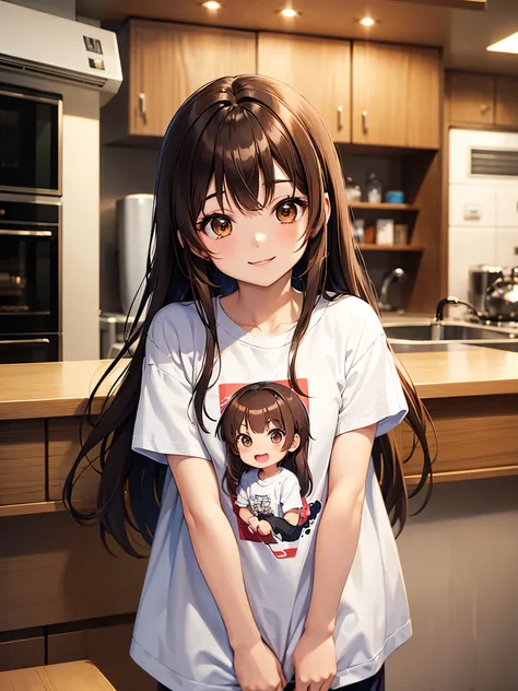 Brown hair. Anime girl. Asian girl. Ulzzang. Brown eyes. Smiling. T-shirt.