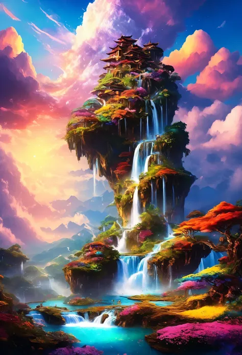 artwork, highest quality, better quality, flying island, waterfall cascading down from the island, fantasy world, magnificent pa...