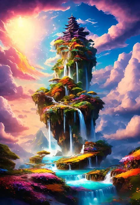 artwork, highest quality, better quality, flying island, waterfall cascading down from the island, fantasy world, magnificent pa...