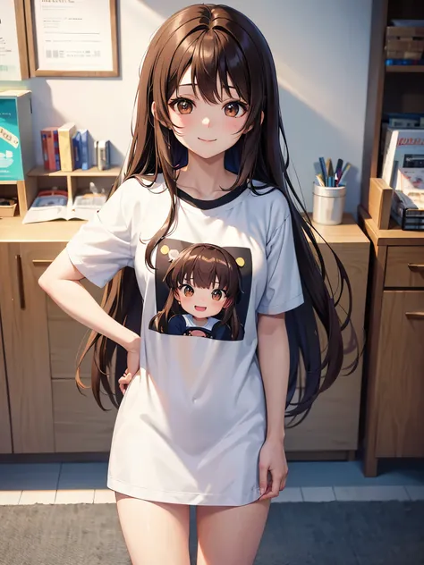 Brown hair. Anime girl. Asian girl. Ulzzang. Brown eyes. Smiling. T-shirt.