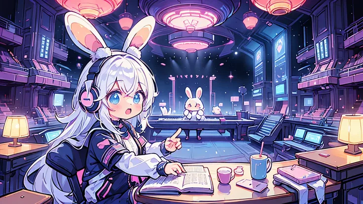 Orchestra Hall,Anime white hair girl with headphones, wearing rabbit ears,Cyberpunk clothing,Playing the piano,Romantic space, Futuristic interior, Cute stuffed rabbit, Cute art style, Anime Style 4k,Vivid Color