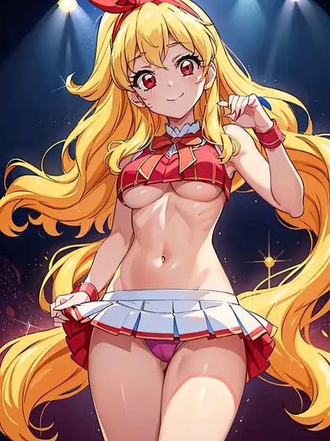 (RED Ribbon on HAIRband:1.2),(Aikatsu idol, Blonde Hair:1.2, elegant and detailed, captivating face, expressive
red eyes, full of charisma and energy, Reverse Cowgirl Position:1.4, Blue Stripe Panties:1.2, taut and curvaceous body, big ass and beautiful as...