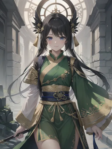 Masterpiece, top quality, highest quality, one girl, solo, arafi girl in green dress, decorated Korean pole arm behind, Unreal Engine rendering + goddess, Korean MMO, inspired by Lam Qua, bewitching expression 16k, female character, smiling girl character,...