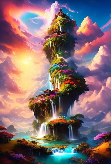 artwork, highest quality, better quality, flying island, waterfall cascading down from the island, fantasy world, magnificent pa...