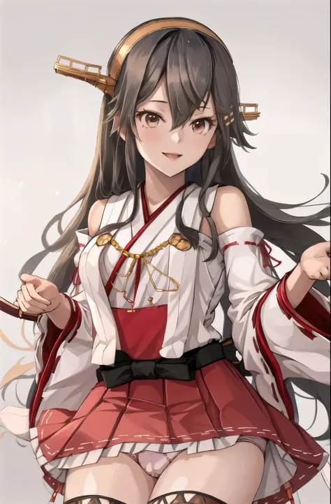 highest quality, masterpiece, High resolution, 一人in, {Aaron_Fleet Collection:1.15}, black_hair, length_hair, hair_ornament, hairband, Brown_eye, hairclip, red面, smile, headgear, chest, Non-traditional_Miko, hair_between_eye, One girl, independent_sleeve, J...