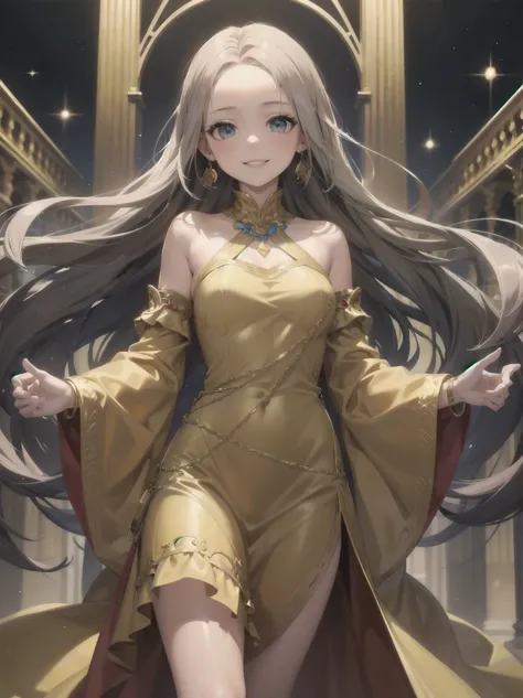 1girl, 11 years old, smile, looking at viewer, solo, gold dress, jewelry, bracelet, earring, detached sleeves, forehead, long hair, palace