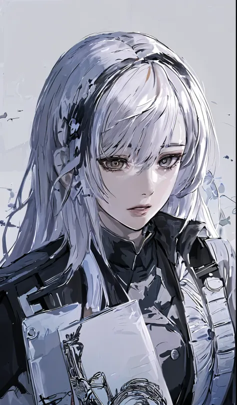 anime girl with white hair and black jacket looking at camera, girl with white hair, detailed portrait of anime girl, from girls...