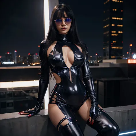 A beautiful hyperreal woman who represents Sailor Moon. Black hair, very big breasts, giant butt, tiny waist. Her face has Japanese anime features. She has long straight black hair down to her waist. Bangs: She has short, blunt bangs that frame her face an...