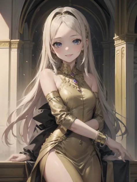 1girl, 11 years old, smile, looking at viewer, solo, gold dress, jewelry, bracelet, earring, detached sleeves, forehead, long hair, palace