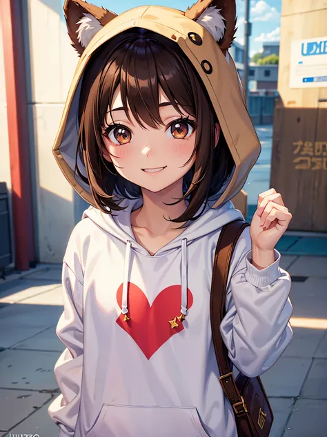 Brown hair. Anime girl. Asian girl. Ulzzang. Brown eyes. Smiling. Hoodie. 