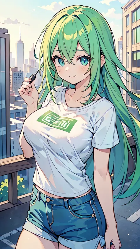 ((A Pretty girl with green hair and blue eyes)), ((wearing the plain T-shirt and hot pants)), ((a cap)), Baby face, ((top-quality, master piece, ultra-definition, high resolution)), anime girl, ((ultra-detailed illust:1.2)), only one person, bangs, hair be...