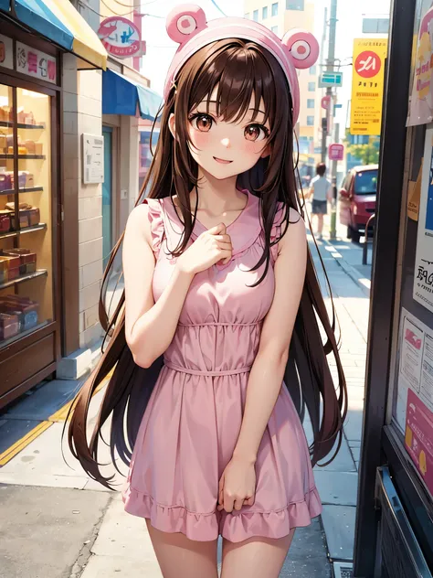 Brown hair. Anime girl. Asian girl. Ulzzang. Brown eyes. Smiling. Pink One piece dress.