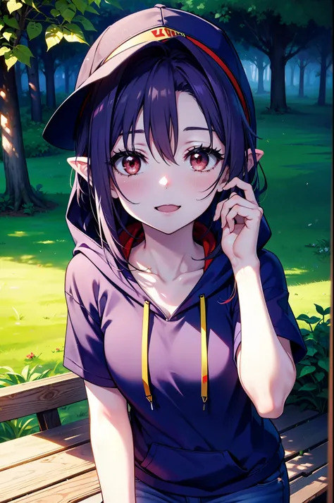 yuukikonno, Konno Yuuki, Long Hair, Pointed Ears, Purple Hair, (Red eyes:1.5), (Small breasts:1.2),smile, Open your mouth,Purple hoodie,Short sleeve,Baseball hats,Hoodie hood up,Red tank top shirt,Short denim,Red knee-high socks,High-top sneakers,Daytime,C...