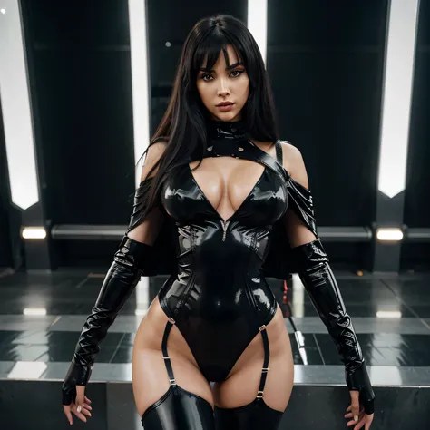 A beautiful hyperreal woman who represents Sailor Moon. Black hair, very big breasts, giant butt, tiny waist. Her face has Japanese anime features. She has long straight black hair down to her waist. Bangs: She has short, blunt bangs that frame her face an...