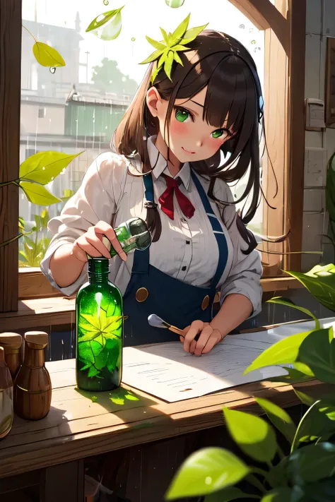 absurdres resolution, masterpiece, (fantasy girl working in atelier:1.1), (converting green leaf to green drops:1.3), (green solution in bottle:1.2), heavy rain outside window