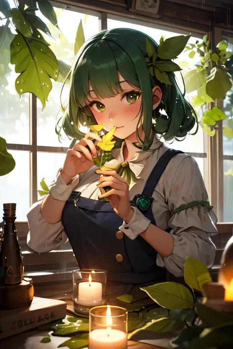 absurdres resolution, masterpiece, (fantasy girl working in atelier:1.1), (converting green leaf to green drops:1.3), (green solution in bottle:1.2), heavy rain outside window, cloudy, candle light