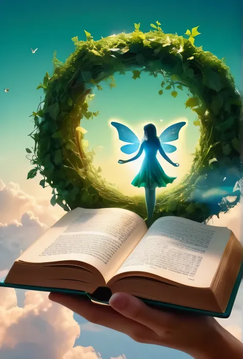 surreal digital art style, "fairy tale", fantasy world comes out of the centered book, opening the book, super detailed double e...