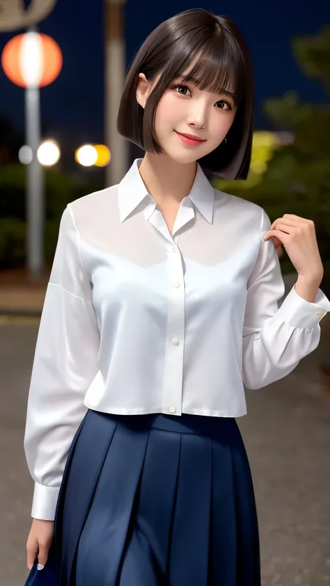 Product quality, One girl, Upper Body Shot, Front view, Young and beautiful woman in Japan, Long Bob Hair, Standing with a big smile in an upscale residential area at night, A backpack on the shoulder, Attractive person, Wear a long-sleeved white collared ...