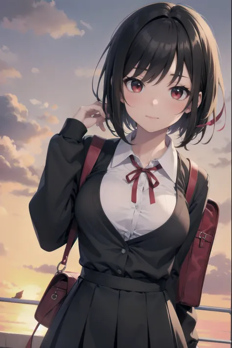 Masterpiece, top quality, super detailed, 16k, One girl, spring, high school, warm colors, school bag, accurate and highly detailed background, flock of schoolgirls in uniforms of various body shapes and hairstyles, cute. Blake. , red eyes, black hair, rib...