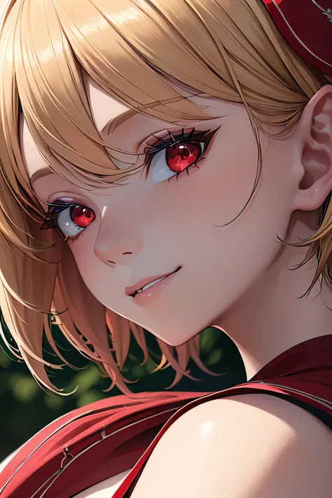 absurdres, (8k, RAW photo, best quality), masterpiece, hyper detailed, perfection, best quality, photo-realistic, (((1girl:1.2))), (((blond girl))), (((solo:1.2))), elf, elf ears, (((blond shortcut hair))), (((burgundy hair ends))), (((scarlet red eyes)))...