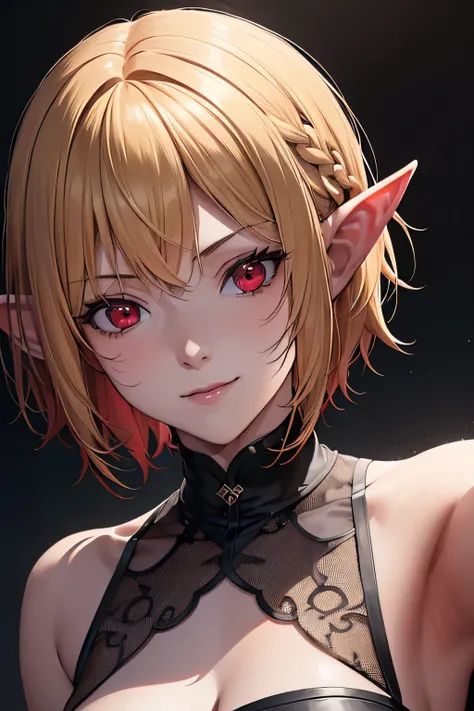 absurdres, (8k, RAW photo, best quality), masterpiece, hyper detailed, perfection, best quality, photo-realistic, (((1girl:1.2))), (((blond girl))), (((solo:1.2))), elf, elf ears, (((blond shortcut hair))), (((burgundy hair ends))), (((scarlet red eyes)))...