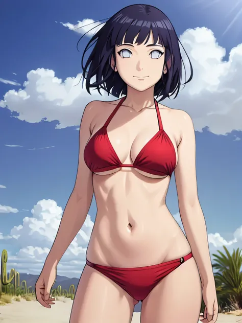 (hinata(boruto), (high quality, anime, cowboy shot, red bikini, off-shoulders, little biceps, long belly, super detailed body ultra detailed face, smile), ((looking at the camera)), (medium-big breasts), closed mouth), (posing for the viewer), pale skin, (...