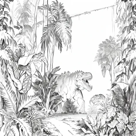 A picture depicting the jungle，Dinosaurs in the painting, Very detailed sketch, Very detailed lines, Clean ink detailed line drawing, Extremely detailed lines, in a highly detailed jungle, Black and white detailed sketch, Very detailed illustrations.”, Lin...