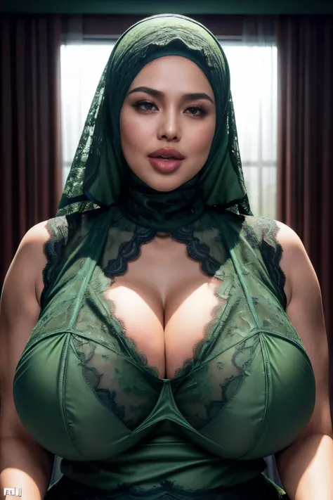 ((thick lips:1.7)), ((short hijab)), ((gigantic tits:1.7)), (dynamic photograph of a 58 year old indonesian woman), (slim top, c...