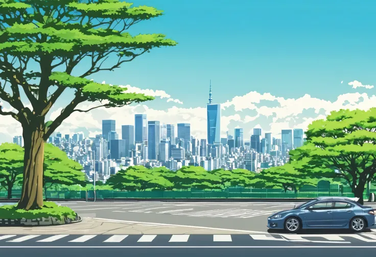 Car and tree in the foreground々Cityscape with, City street view background, Park in the background, Park Background, Urban Background, Detailed Landscape — Width 672, countryside city scene, Urban Background, Tokyo cityscape background, Cityscape, detailed...