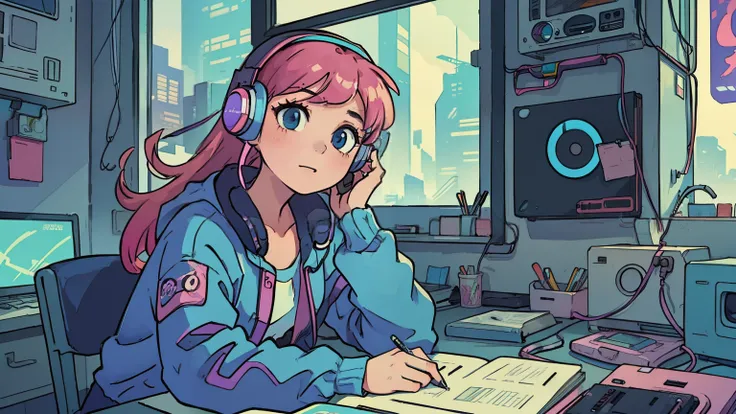 (masterpiece), (Best illustrations), Winds of the 90s,Retro、Colorful Cyberpunk、Girl studying at desk, headphone, Girl&#39;s Room,Barely, Black Stockings、The inside color is pink,Emo,Night view, Night Light, Lo-fi hip hop, Desktop PC, Ring lighting,(masterp...