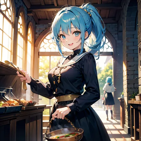 Anime Moe Art Style,highest quality,High resolution,Anatomically correct,One Girl,Mid-teens,A girl with light blue hair in a ponytail,Super detailed,Fantasy-style world,Sister,Monastic uniform,Big Breasts,Bright smile,Laughing with your mouth open,Outside ...